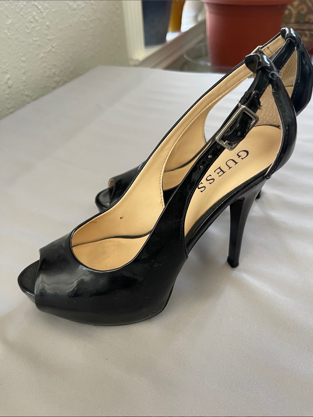 Guess Black Patent Peep-Toe Slingback Heels